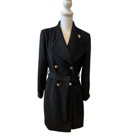 Karl Lagerfeld Paris Feminine Belted Wool Longline Pea Coat Black M - Picture 1 of 8